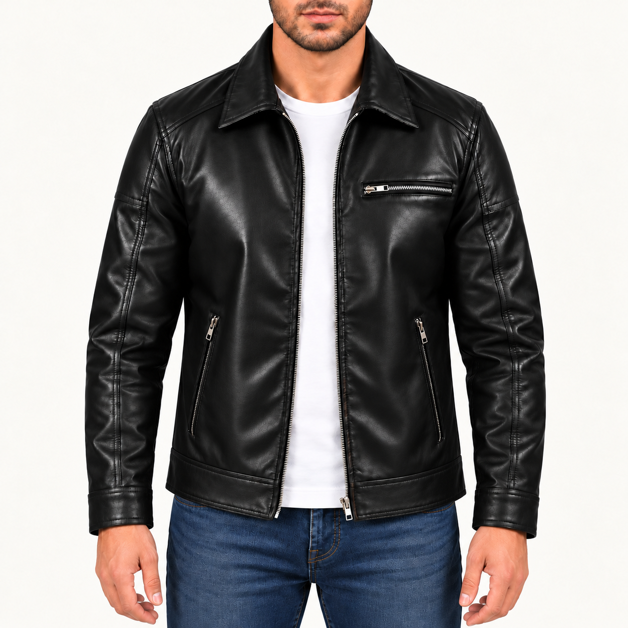 Men's Classic Black Leather Jacket – Zip-Up Biker Jacket with Shirt Collar